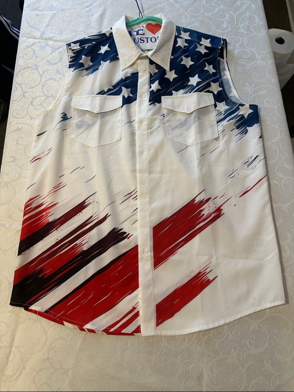 Sleeveless American Flag Print Button-Up Shirt - White/Red/Blue